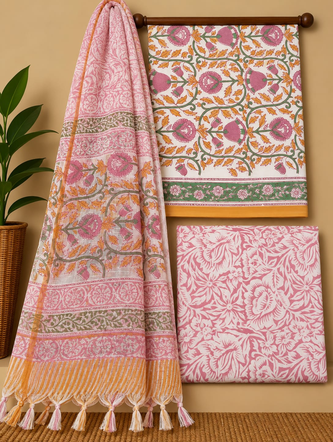 Pink Floral Jaal Cotton Suit Set with Kota Doria Dupatta