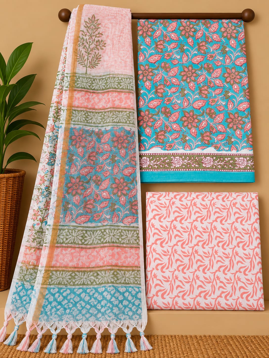 Pink Floral Jaal Cotton Suit Set with Kota Doria Dupatta