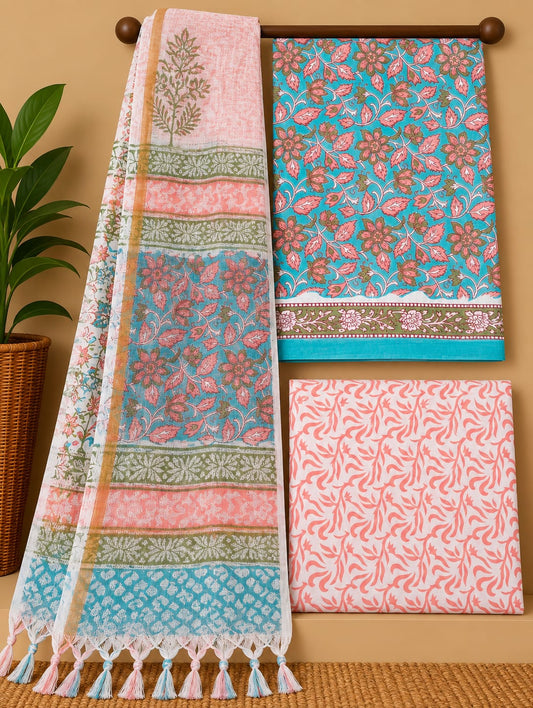 Pink Floral Jaal Cotton Suit Set with Kota Doria Dupatta
