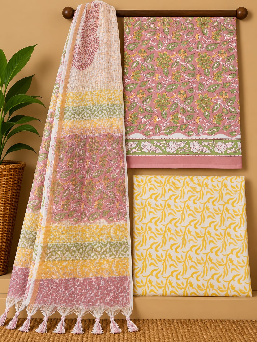 Pink Floral Jaal Cotton Suit Set with Kota Doria Dupatta