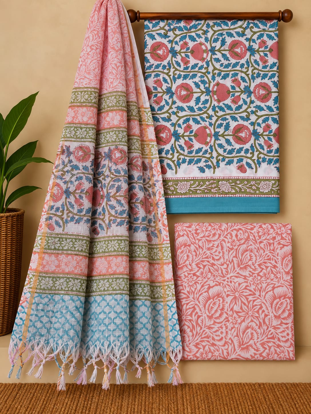 Pink Floral Jaal Cotton Suit Set with Kota Doria Dupatta