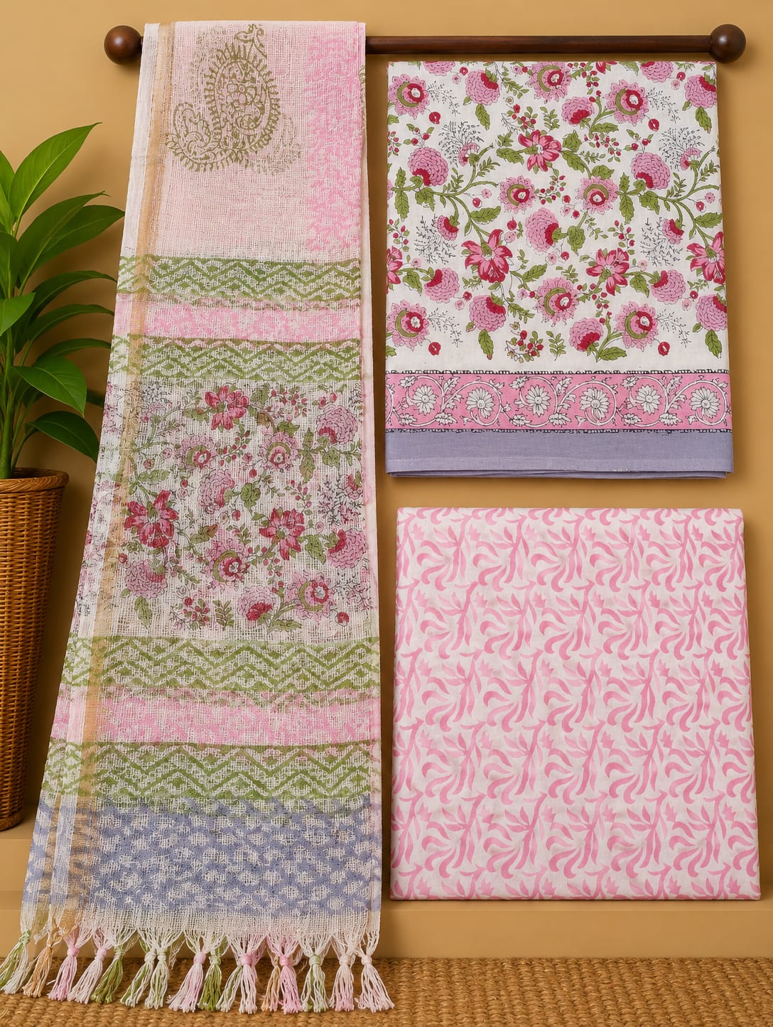Pink Floral Cotton Suit Set with Kota Doria Dupatta