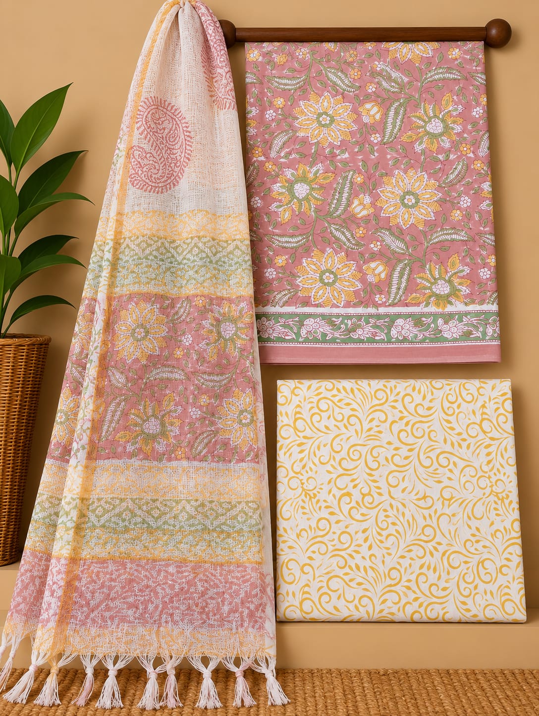 Pink Floral Cotton Suit Set with Kota Doria Dupatta