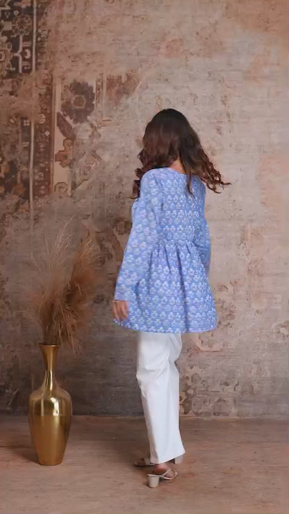 Floral Hand Block Cotton Short Kurti – Sky Blue
