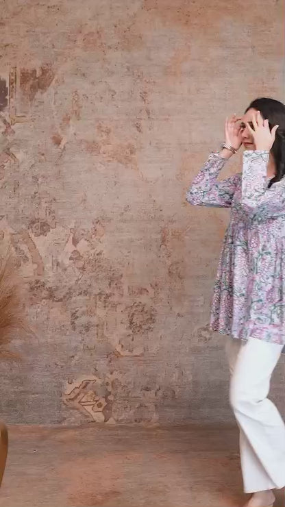 Floral Hand Block Cotton Short Kurti – Pastel Green & Pink
