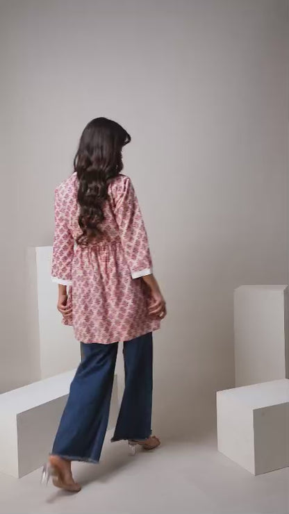 Beige Pink Floral Cotton Short Kurti – V Neck Lace Detail