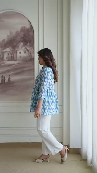 Hand Block Cotton Short Kurti – Blue Ikat Print