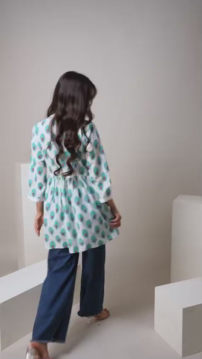 Sky Blue Peacock Print Cotton Short Kurti – V Neck Lace Detail