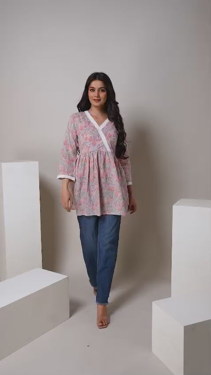 Pastel Pink Floral Cotton Short Kurti – V Neck Lace Detail