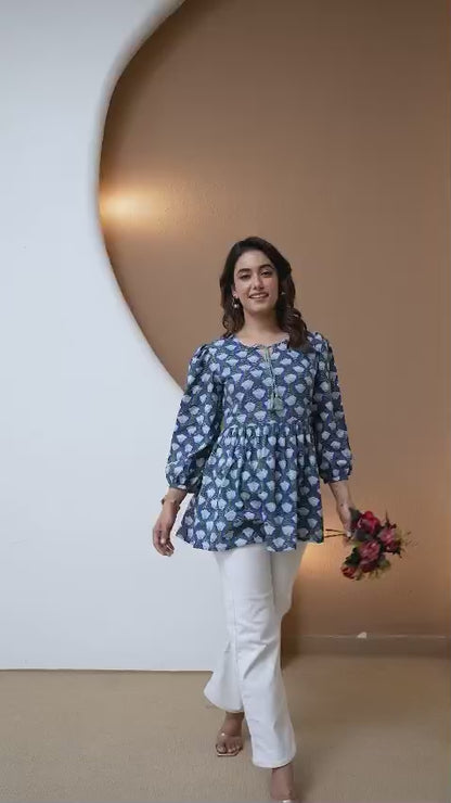 Hand Block Cotton Short Kurti – Indigo Blue Buta Print