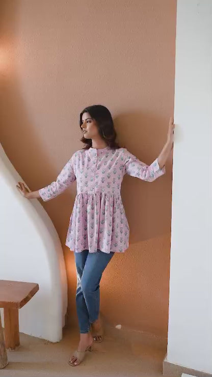 Hand Block Cotton Short Kurti – Soft Pink Buti Print
