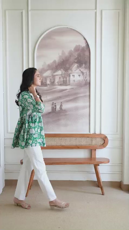 Floral Hand Block Cotton Short Kurti – Emerald Green
