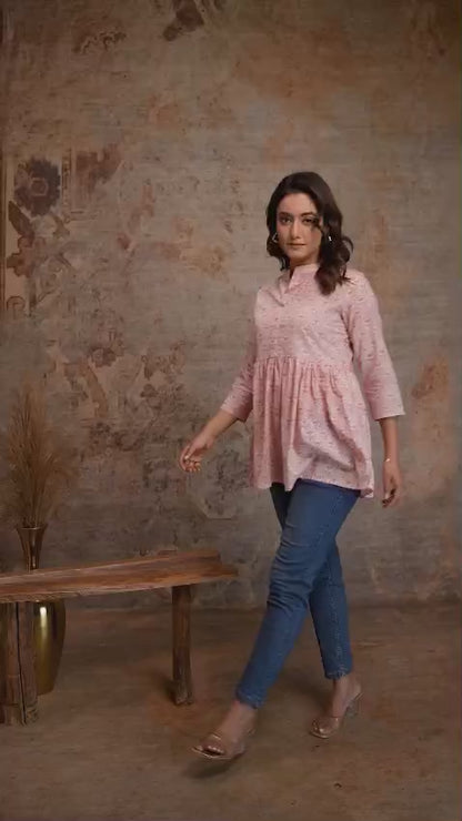 Hand Block Cotton Short Kurti – Blush Pink Buti Print