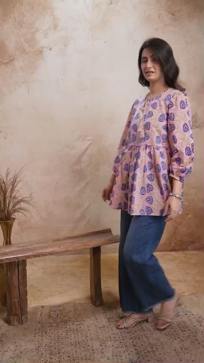 Pink Blue Printed Cotton Short Kurti – Tie-Up Neck Detail