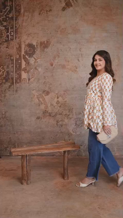 Floral Hand Block Cotton Short Kurti – Ivory Yellow