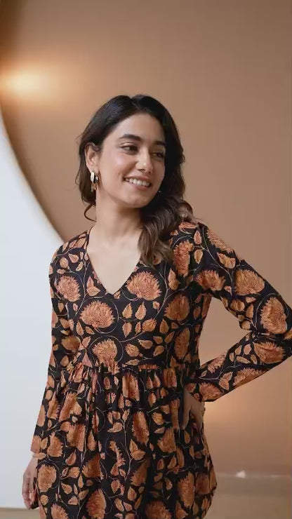 Floral Hand Block Cotton Short Kurti – Black Rust