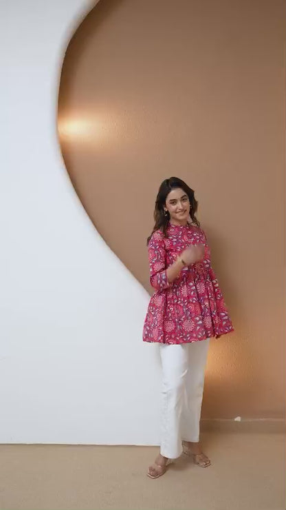 Floral Hand Block Cotton Short Kurti – Red Blue