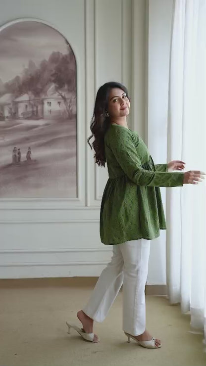 Hand Block Cotton Short Kurti – Olive Green Buti Print