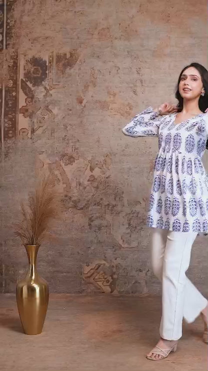 Hand Block Cotton Short Kurti – White & Blue Buta Print