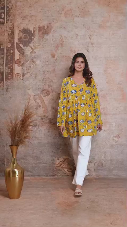 Floral Hand Block Cotton Short Kurti – Mustard Yellow