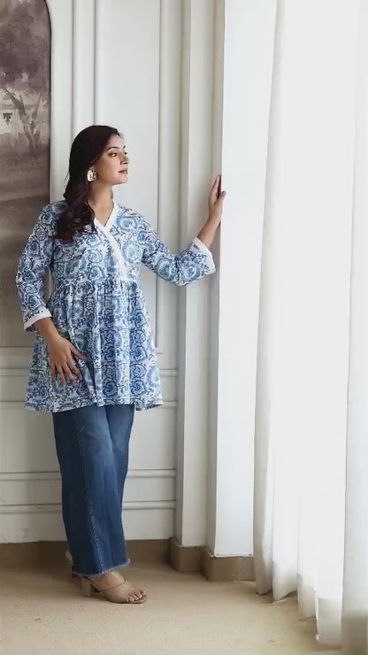 Paisley Cotton Short Kurti – V Neck Lace Detail - Blue White