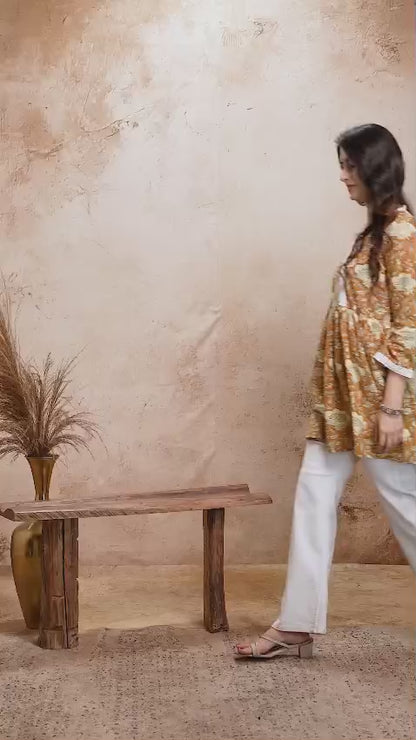 Mustard Floral Cotton Short Kurti – V Neck Lace Detail