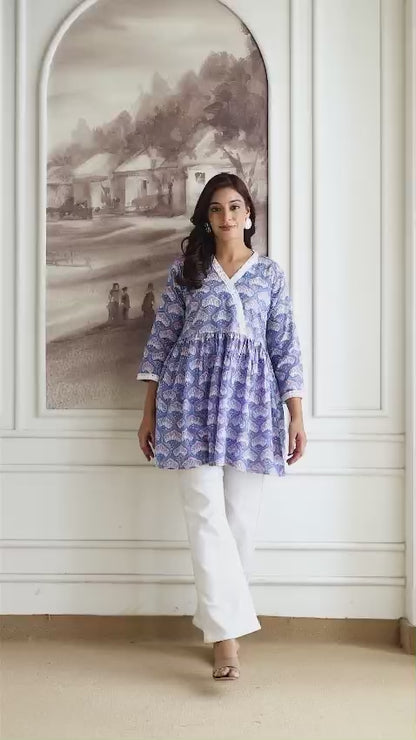 Floral Cotton Short Kurti –  V Neck Lace Detail - Blue Lavender