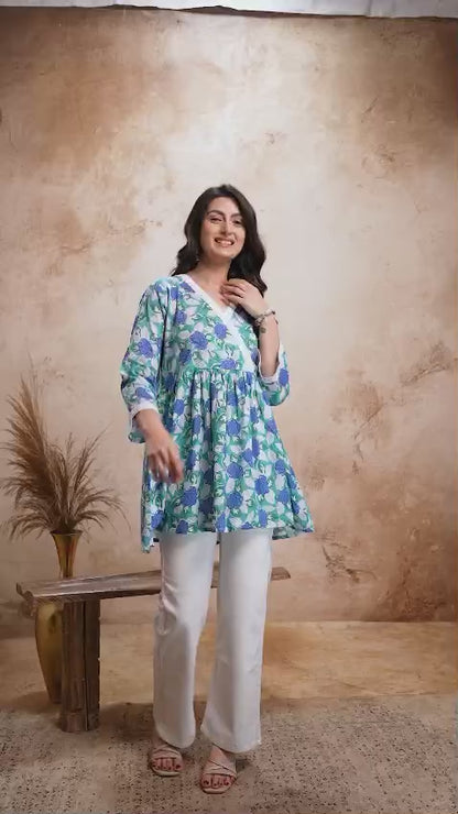 Teal Blue Floral Cotton Short Kurti – V Neck Lace Detail