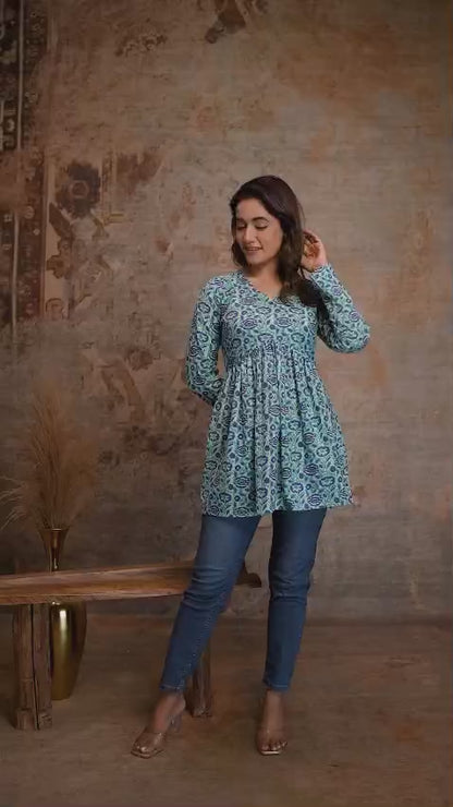 Floral Hand Block Cotton Short Kurti – Teal Blue