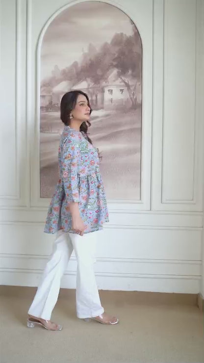 Floral Hand Block Cotton Short Kurti – Sky Blue Garden Print