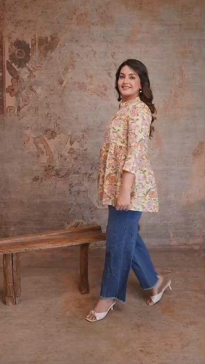 Floral Hand Block Cotton Short Kurti – Pastel Yellow Garden Print