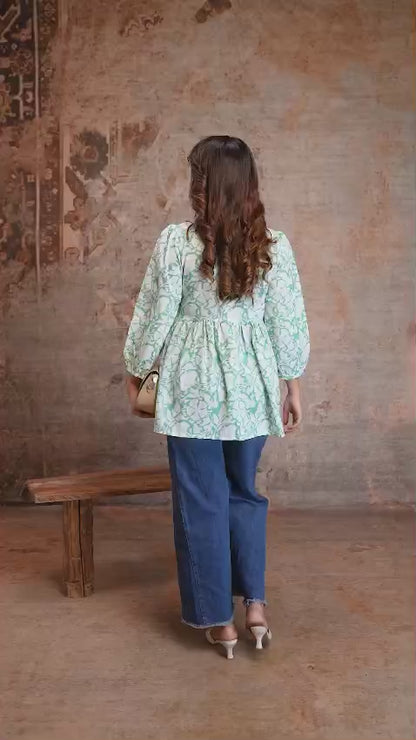 Hand Block Cotton Short Kurti – Mint Green Floral