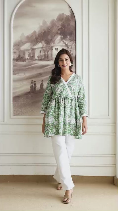 Floral Cotton Short Kurti –  V Neck Lace Detail - Green White