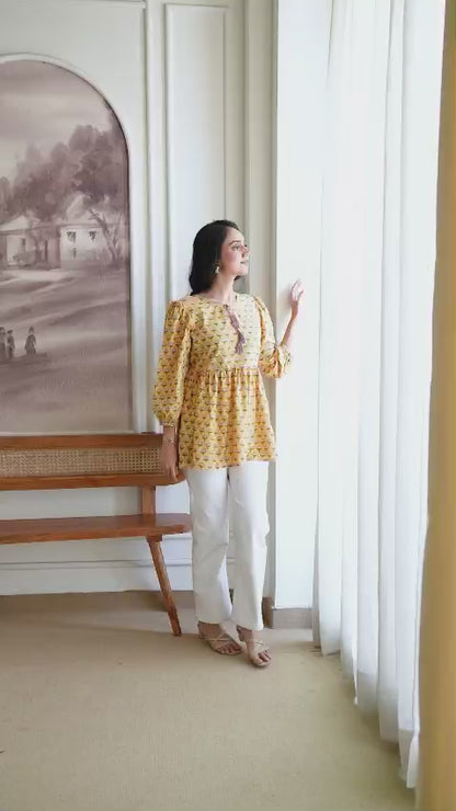 Floral Hand Block Cotton Short Kurti – Mustard Yellow Buti
