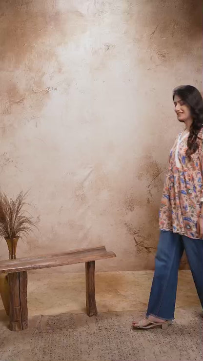 Peach Floral Cotton Short Kurti – V Neck Lace Detail