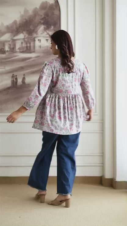 Floral Cotton Short Kurti – Tie-Up Neck Detail - Grey Pink