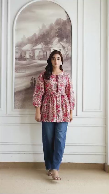 Floral Cotton Short Kurti – Tie-Up Neck Detail - Beige Pink