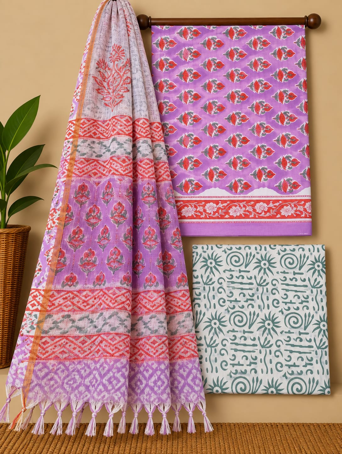 Purple Floral Booti Cotton Suit Set with Kota Doria Dupatta