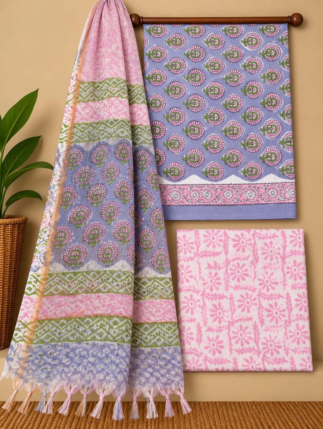 Purple Floral Booti Cotton Suit Set with Kota Doria Dupatta