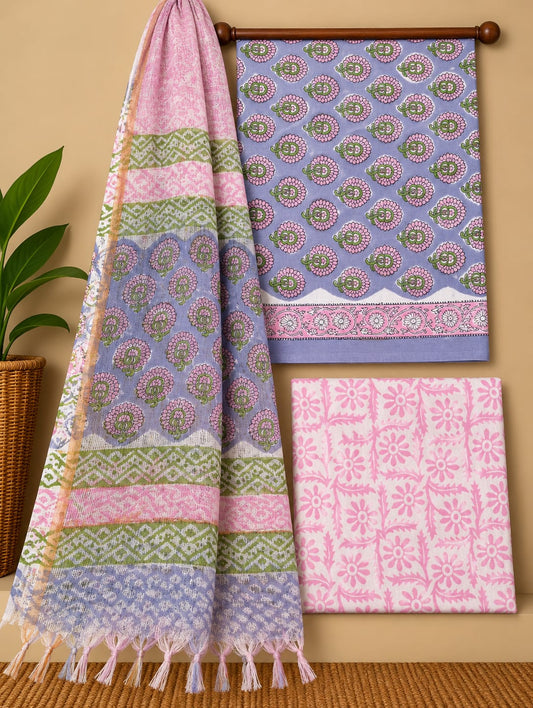 Purple Floral Booti Cotton Suit Set with Kota Doria Dupatta