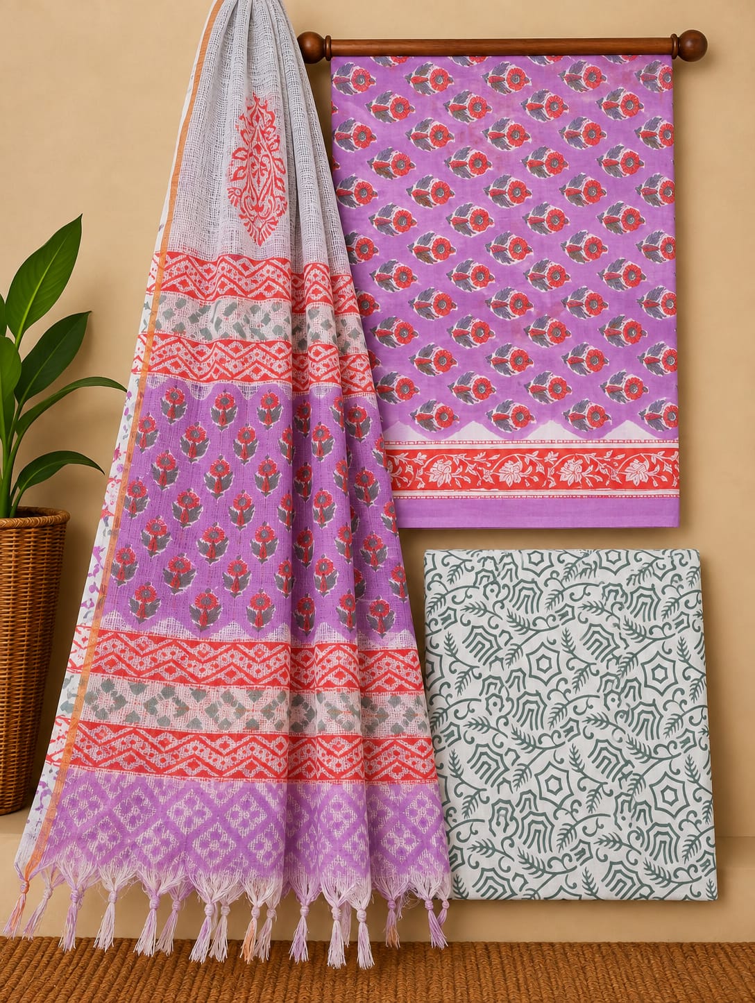Purple Floral Booti Cotton Suit Set with Kota Doria Dupatta