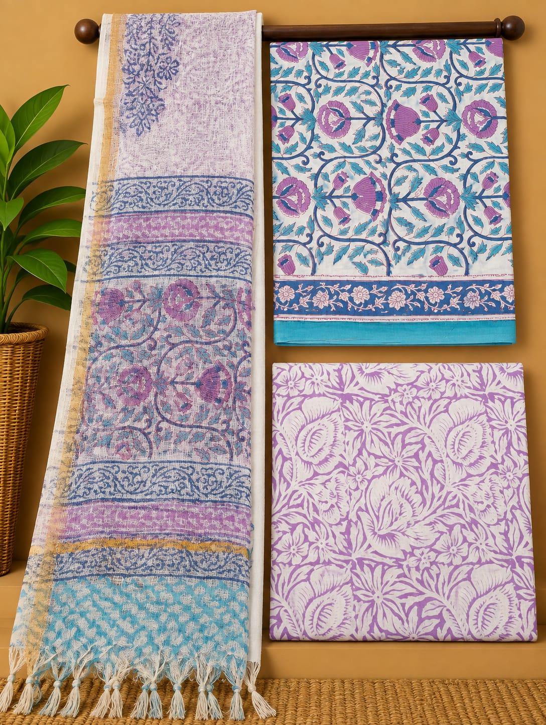 Purple Floral Jaal Cotton Suit Set with Kota Doria Dupatta