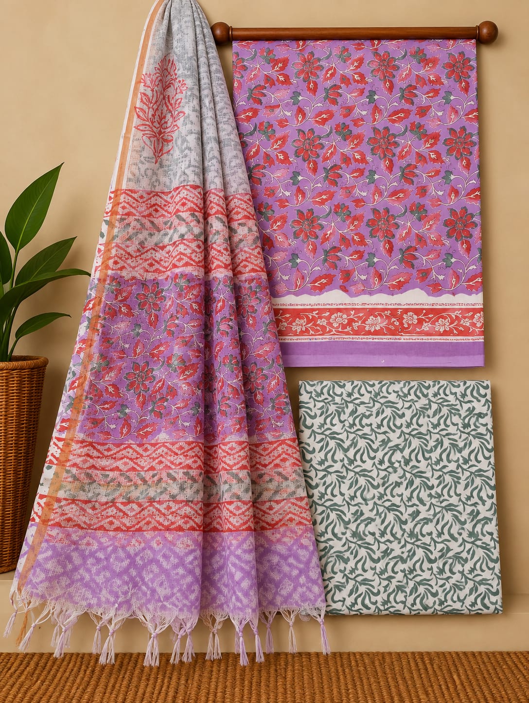 Purple Floral Jaal Cotton Suit Set with Kota Doria Dupatta
