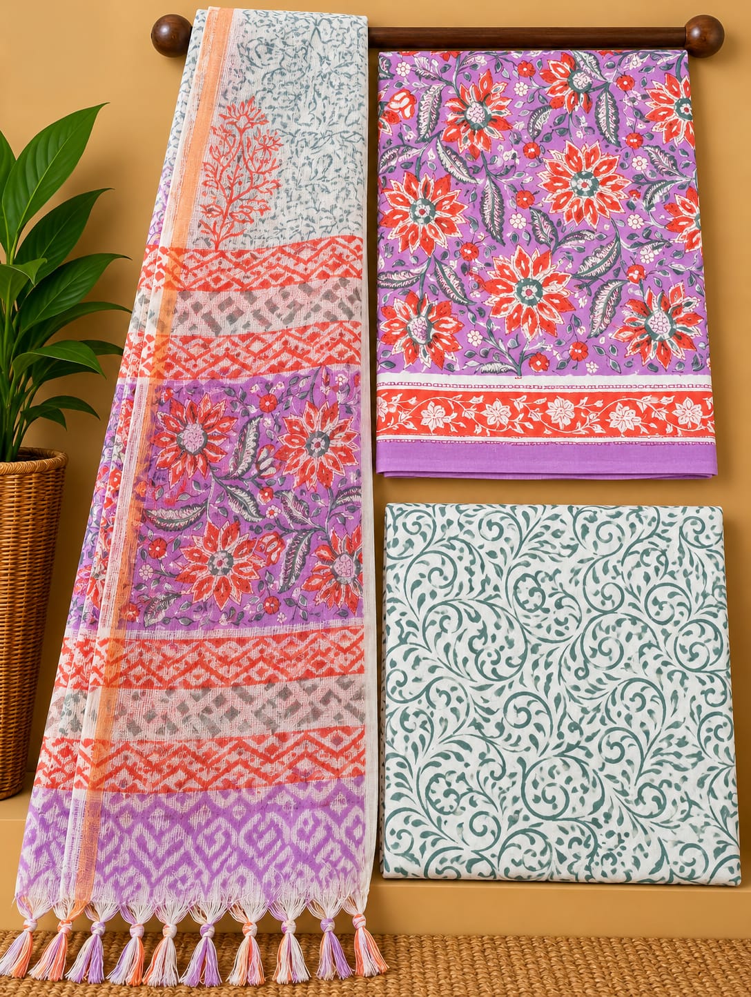 Purple Floral Cotton Suit Set with Kota Doria Dupatta