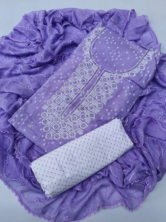 Rayon Embroidered Suit Set with Cotton Bottom & Chiffon Dupatta - TSPSREB12