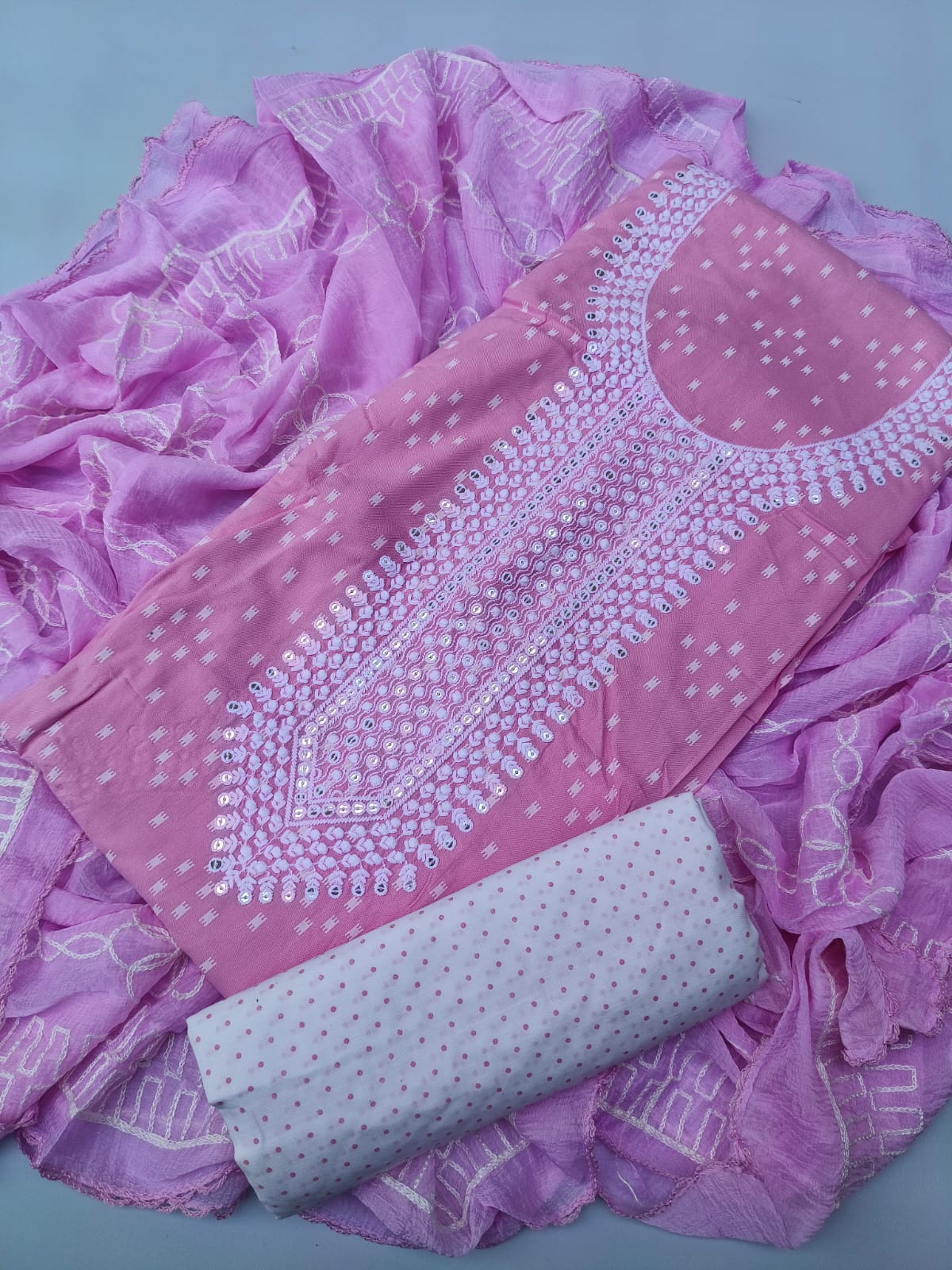 Rayon Embroidered Suit Set with Cotton Bottom & Chiffon Dupatta - TSPSREB8