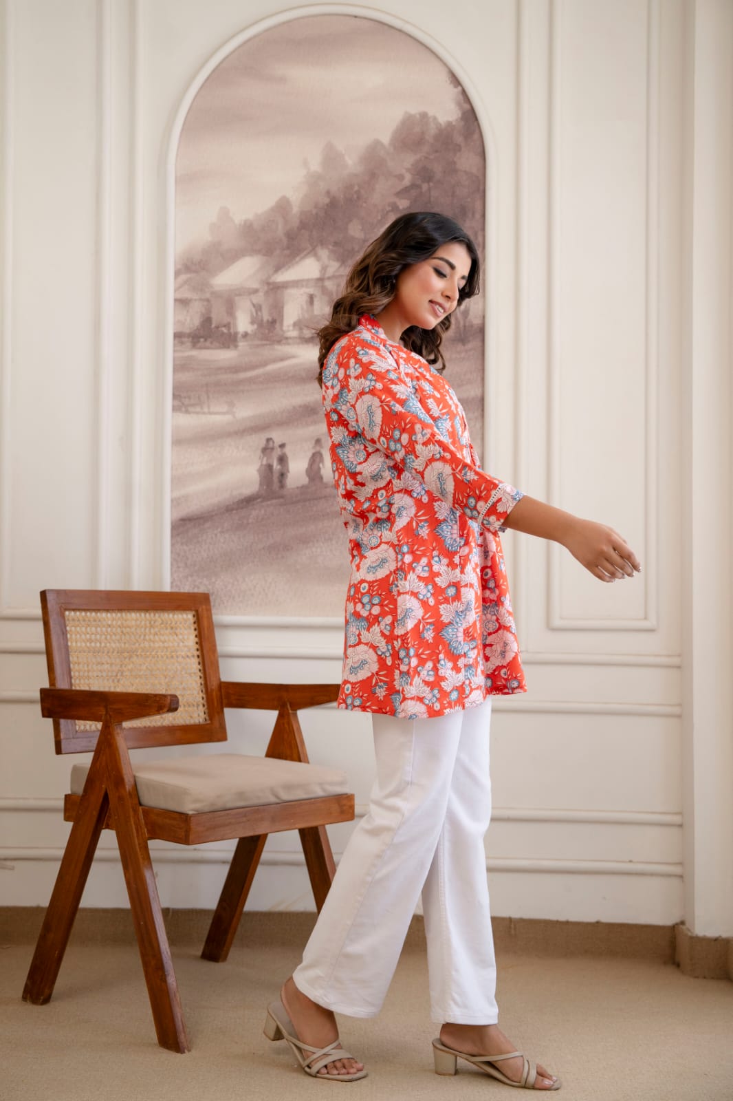 Coral Red Floral Cotton Short Kurti for Women