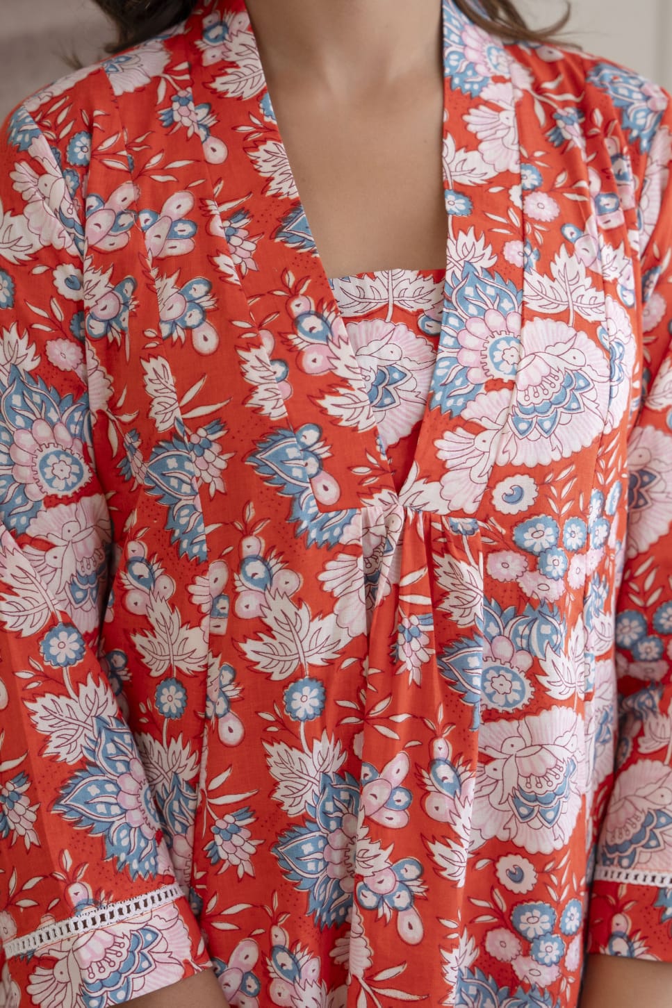 Coral Red Floral Cotton Short Kurti for Women