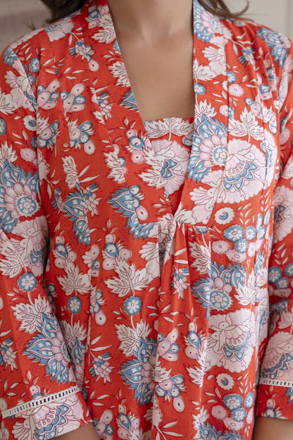 Coral Red Floral Cotton Short Kurti for Women