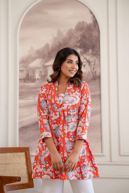 Coral Red Floral Cotton Short Kurti for Women